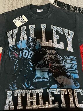Valley Lane Black Rhinestone Athletic Graphic Tee with Blue Accents